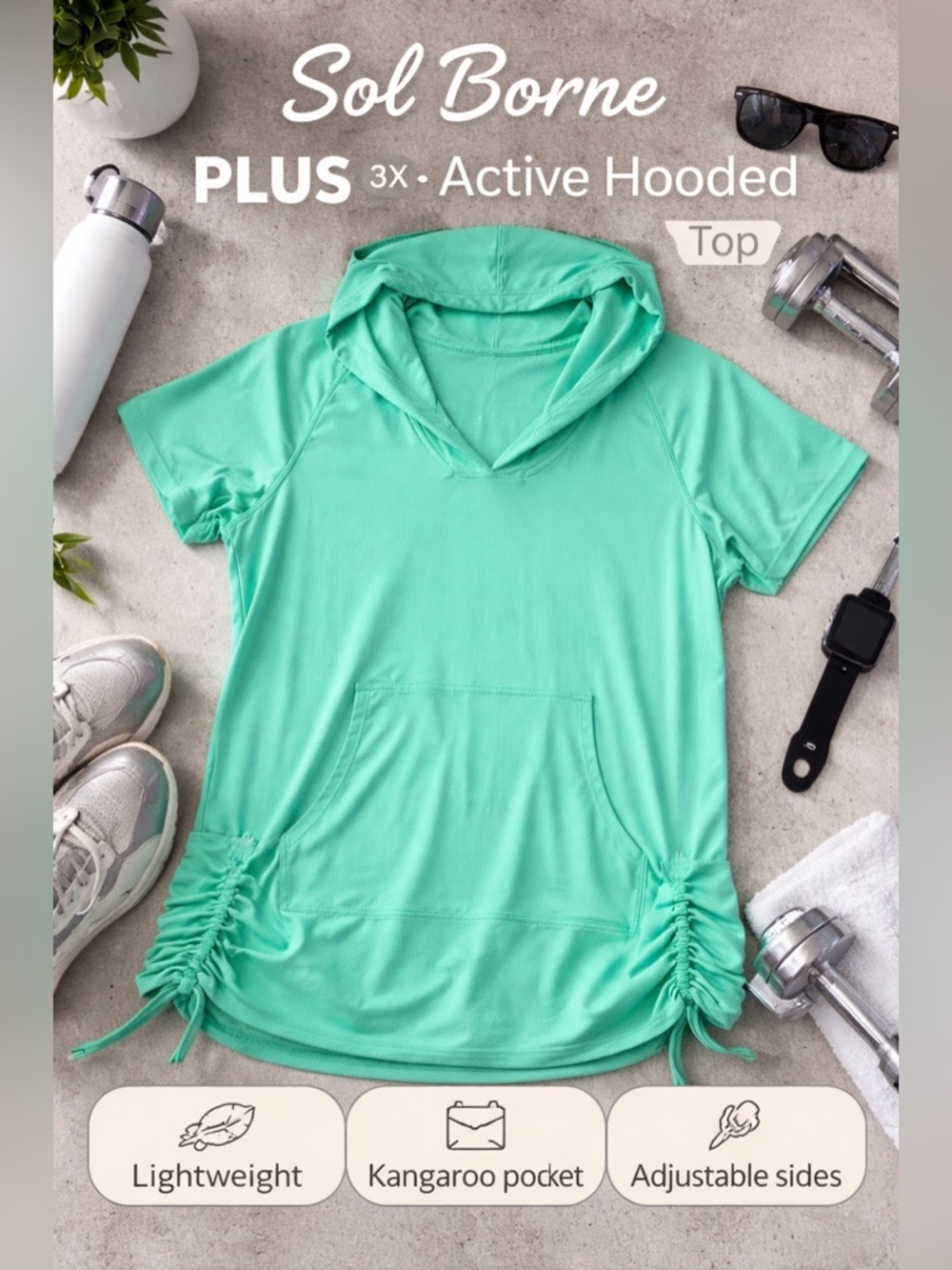 Sol Borne Active Hooded Short Sleeve Top Swimwear Coverup Green Athleisure